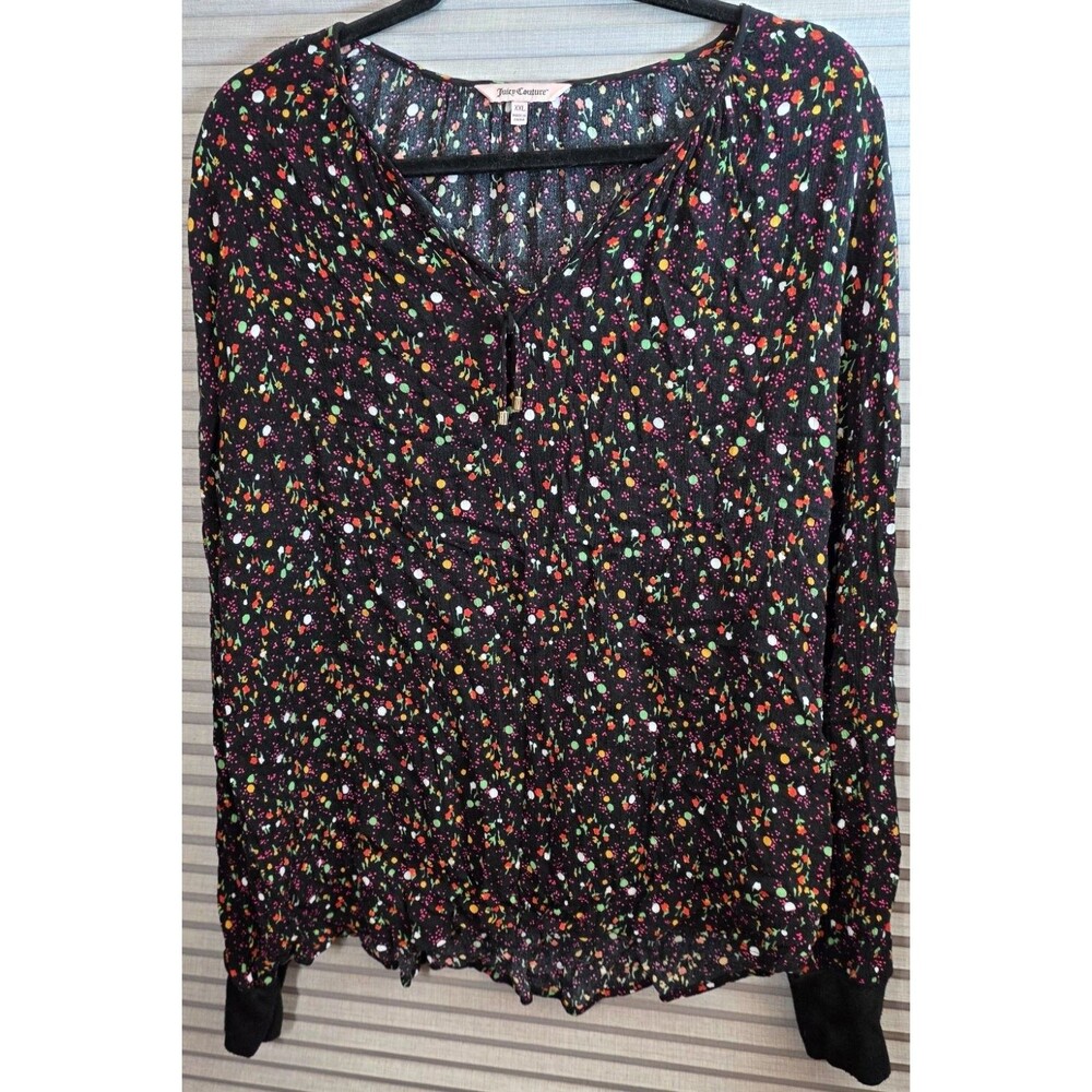 Juicy Couture Blouse Womens Plus Size XXL Floral Long Sleeves Flowers Polka Dots